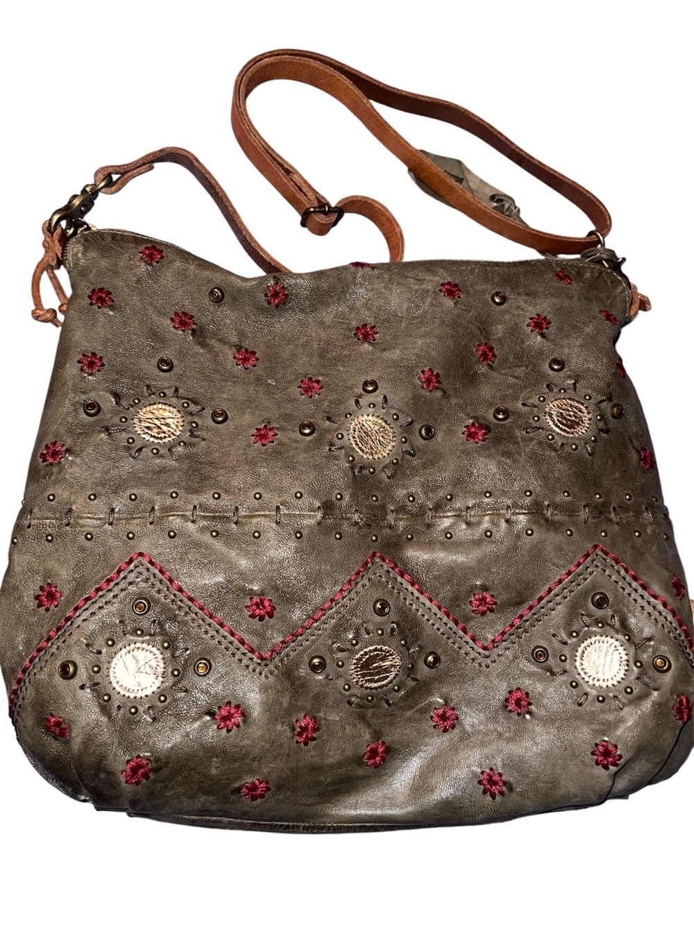A. S. 98 Boho Embroidered Olive Crossbody Bag with Red Accent